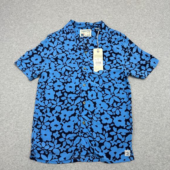 Laguna Doodle Floral Camp Collar Button Up Shirt Mens S Blue Navy Short Sleeve - Picture 2 of 8